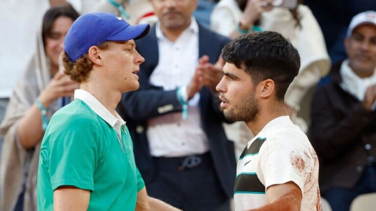 Carlos Alcaraz, right, and Jannik Sinner have combined to win the past six Grand Slam titles. They will meet in the Wimbledon final on Sunday. Jean